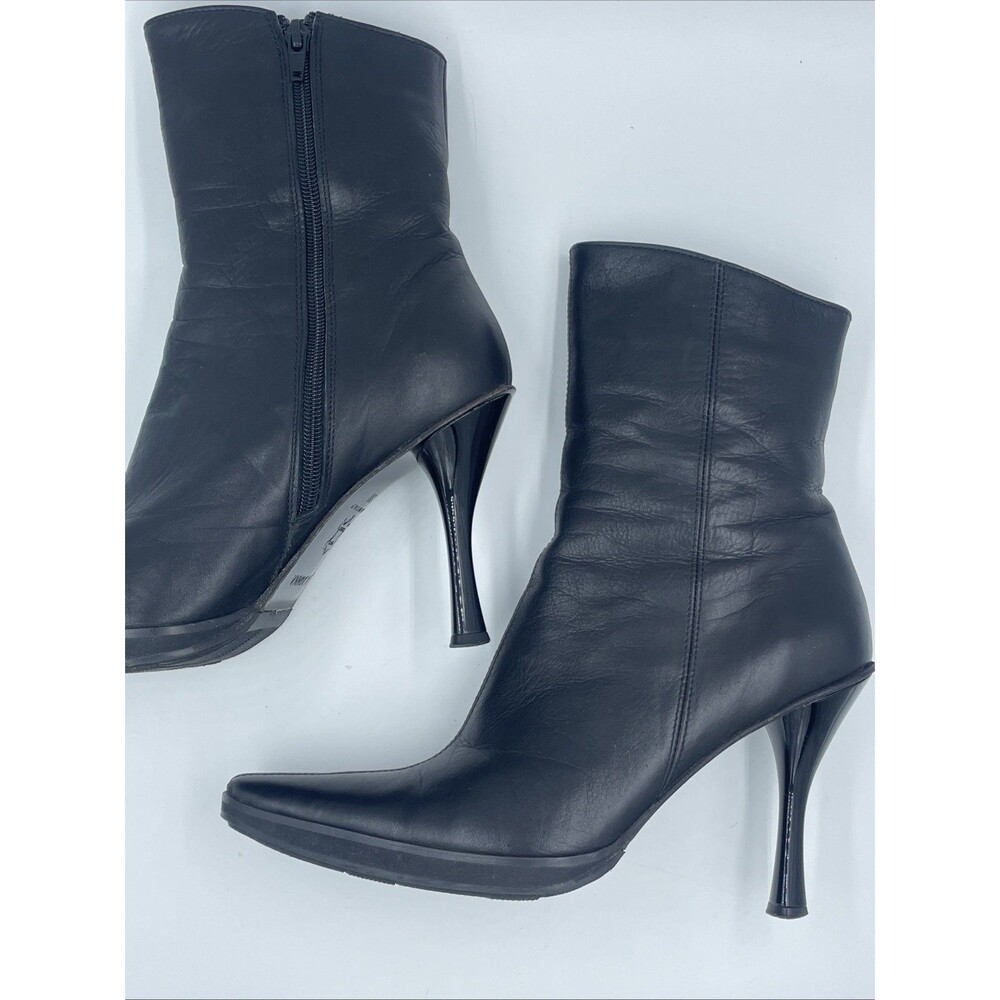 MIA DONNA Vintage Black Leather Mid-Calf Boots Stiletto Heel Italy Sz 7.5 / 38